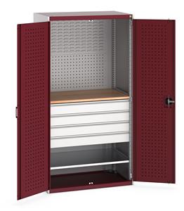 40021160.** Bott cubio kitted cupboard with lockable steel perfo lined doors 1050mm wide x 650mm deep x 2000mm high.  Supplied with Perfo/Louvre back panels, 1 x wooden worktop, 1 x metal shelf and 4 drawers.   Shelf capacity 100kgs. Drawer Capacity 75kgs.  ...